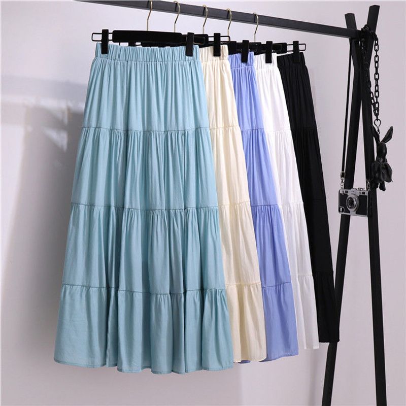 Summer Spring Casual Solid Color Cotton Maxi Long Dress Skirts