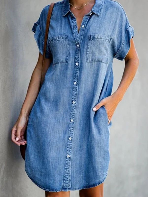 Women's Denim Dress Casual Turndown Short Sleeve Solid Color Knee-length Street