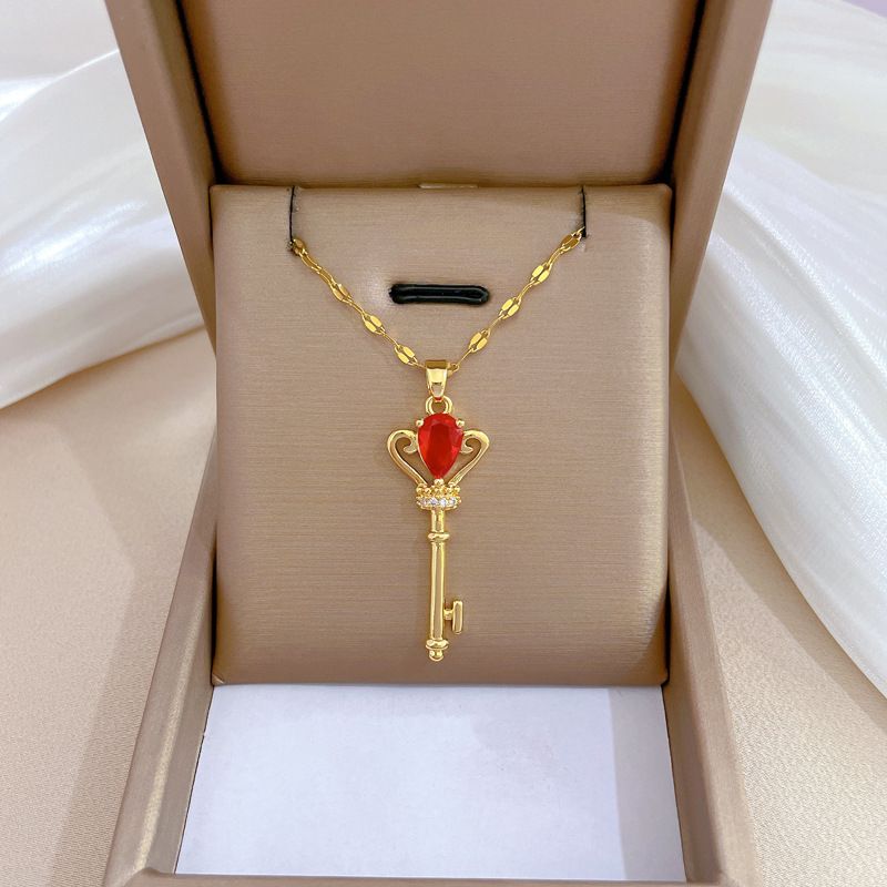 Stainless Steel Copper Queen Inlay Crown Key Zircon Pendant Necklace