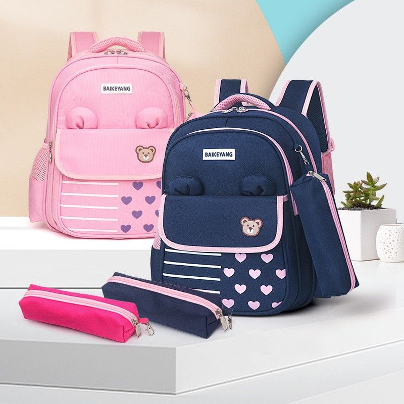 Waterproof Color Block Bear Heart Shape School Daily School Backpack