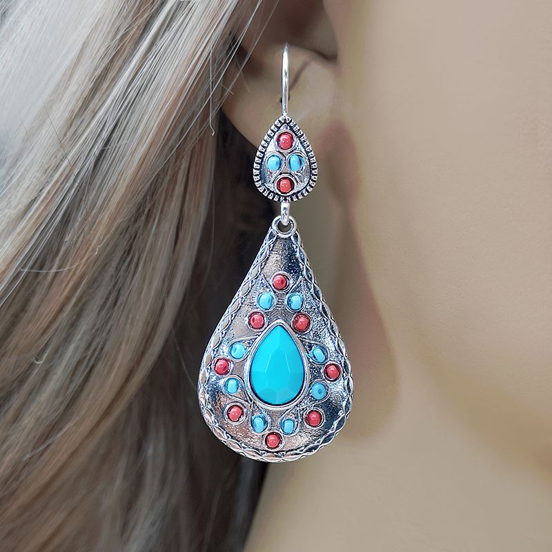 1 Pair Vintage Style Ethnic Style Water Droplets Inlay Metal Turquoise Silver Plated Drop Earrings
