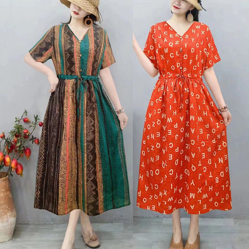 Women's Swing Dress Casual Vintage Style V Neck Printing Short Sleeve Printing Midi Dress Daily
