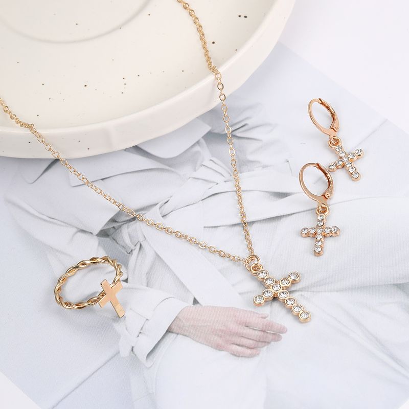 Simple Style Cross Alloy Inlay Rhinestones Women's Rings Earrings Necklace