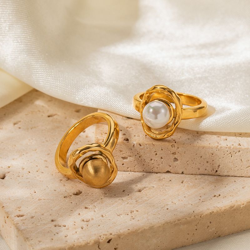 Elegant Round Stainless Steel Plating Inlay Pearl 18k Gold Plated Rings