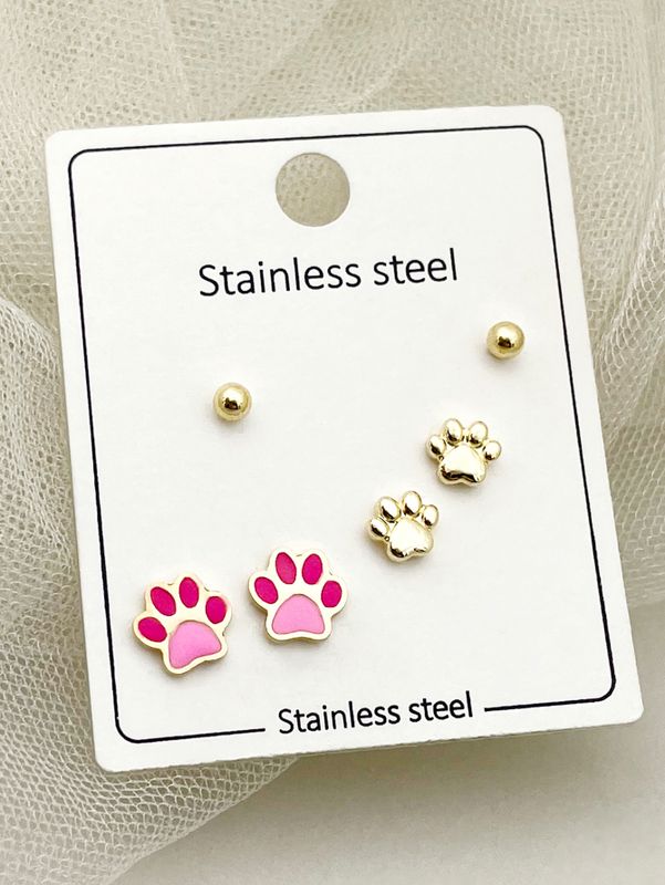 1 Set Cute Sweet Lips Star Paw Print Enamel Plating Inlay 304 Stainless Steel Pearl Gold Plated Ear Studs
