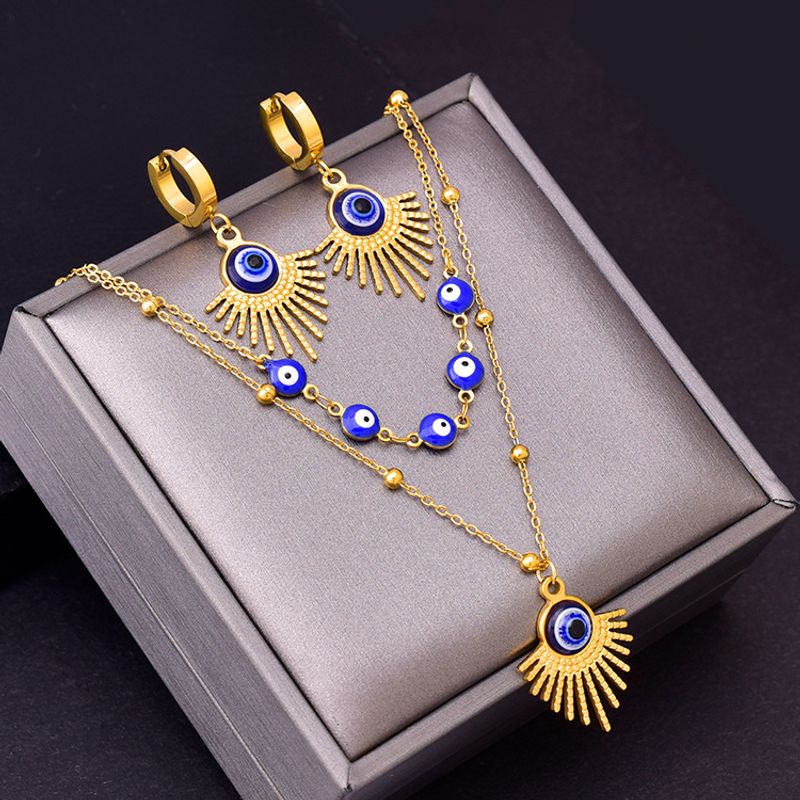 304 Stainless Steel 18K Gold Plated Hip-Hop Plating Devil'S Eye Earrings Necklace