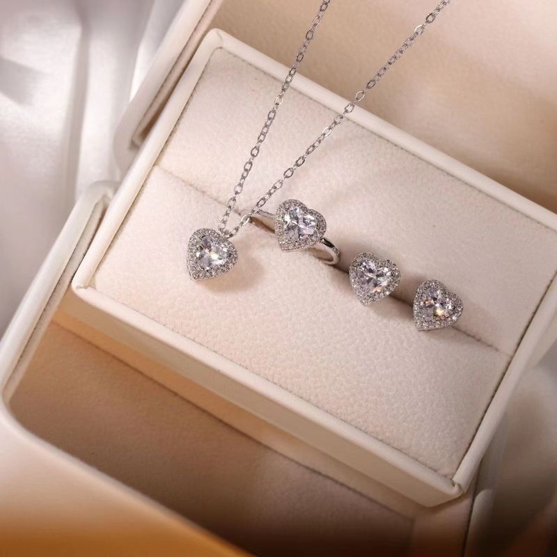 Titanium Steel Lady Inlay Heart Shape Zircon Necklace Earrings Rings