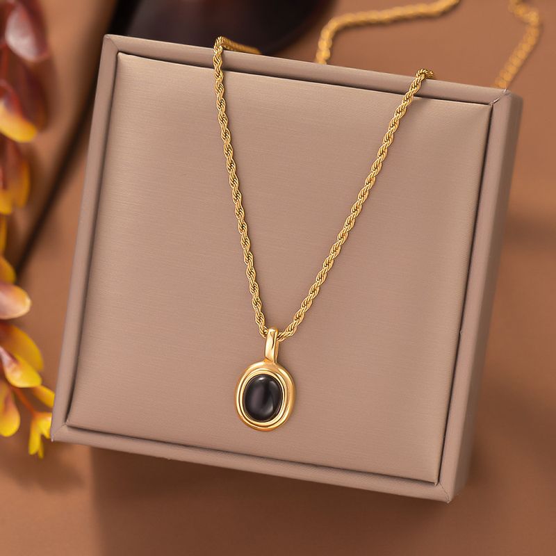 304 Stainless Steel 18K Gold Plated Retro Inlay Round Stone Pendant Necklace