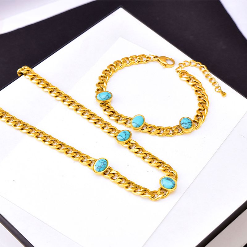 304 Stainless Steel 18K Gold Plated Ethnic Style Inlay Solid Color Turquoise Jewelry Set