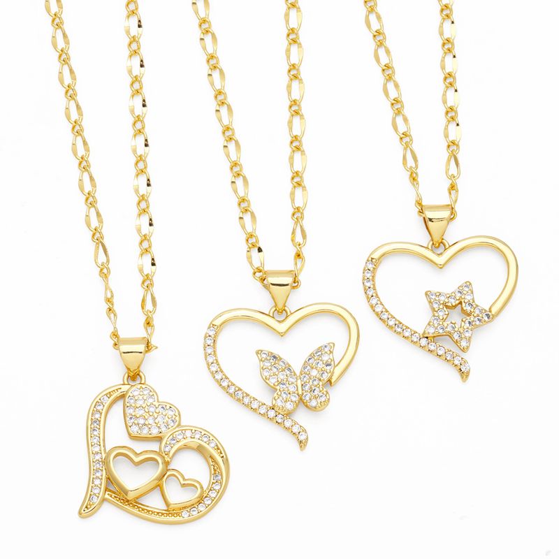 Einfacher Stil Pentagramm Herzform Schmetterling Kupfer Überzug Inlay Zirkon 18 Karat Vergoldet Halskette Mit Anhänger