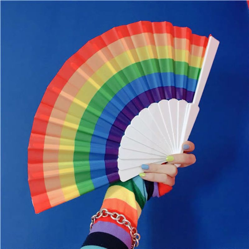 Hot Sale Rainbow Folding Fan Plastic Fan Frame Elegant Dance Fan Shooting Tool Craft Gift Fan Cloth Surface Fan