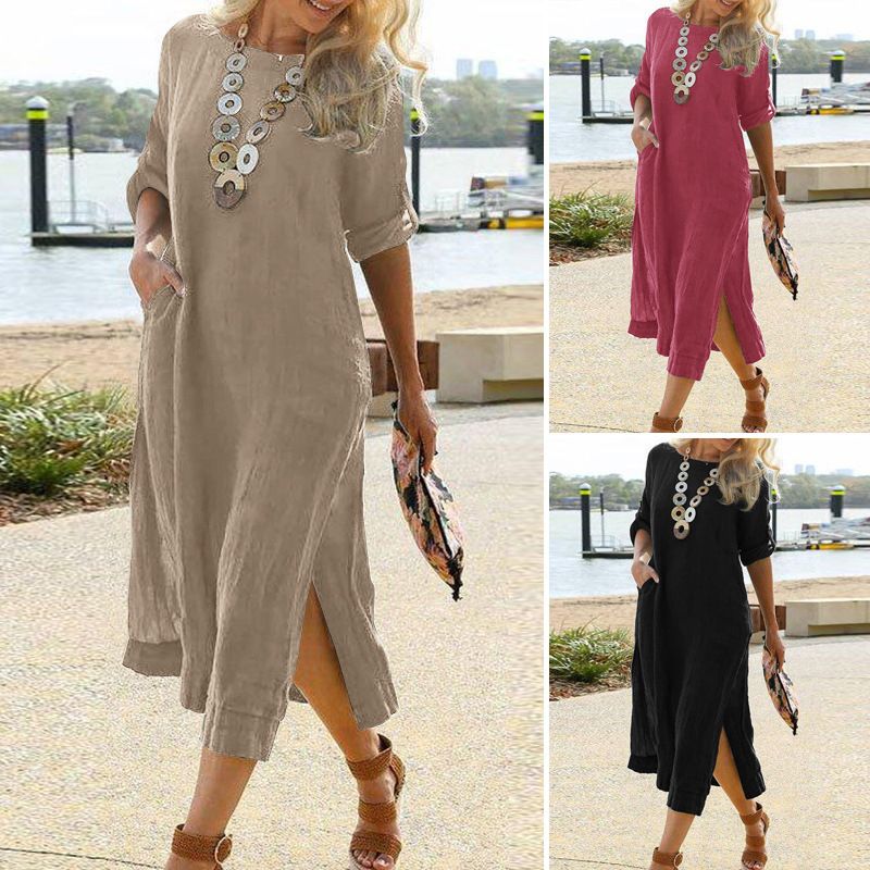 Women's A-line Skirt Vintage Style Round Neck Patchwork 3/4 Length Sleeve Solid Color Maxi Long Dress Street