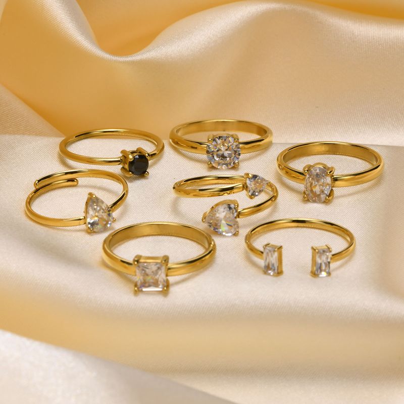 201 Stainless Steel 18K Gold Plated IG Style Simple Style Plating Inlay Solid Color Zircon Open Ring Rings