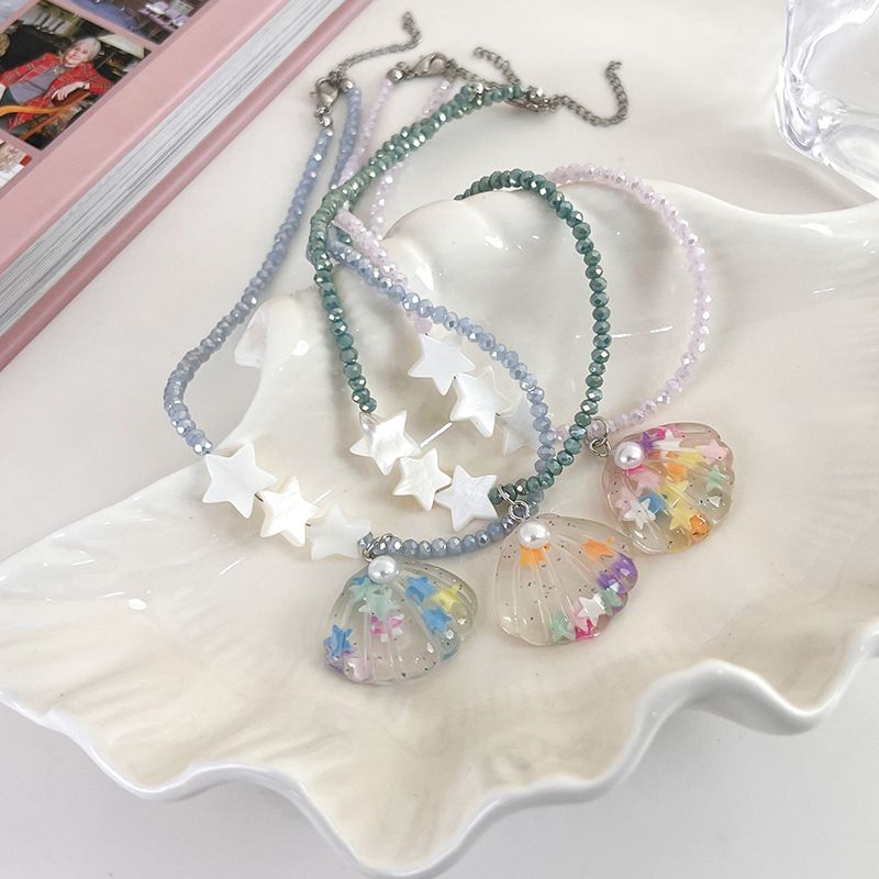 Lindo Pentagrama Cascarón Con Cuentas Resina Embutido Perlas Artificiales Mujeres Collar