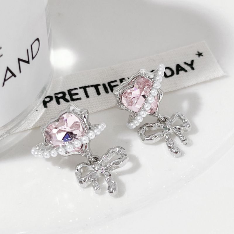 1 Pair Ig Style Sweet Heart Shape Bow Knot Plating Inlay Alloy Rhinestones Pearl Drop Earrings