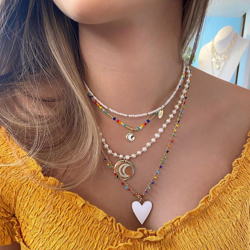 Vacaciones Estilo Simple Luna Forma De Corazón Perlas De Agua Dulce Vidrio Cobre Con Cuentas Enchapado Embutido Circón Chapado En Oro De 18 Quilates. Collar