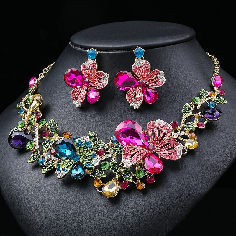 Luxurious Bridal Flower Alloy Inlay Rhinestones Glass Women's Earrings Necklace