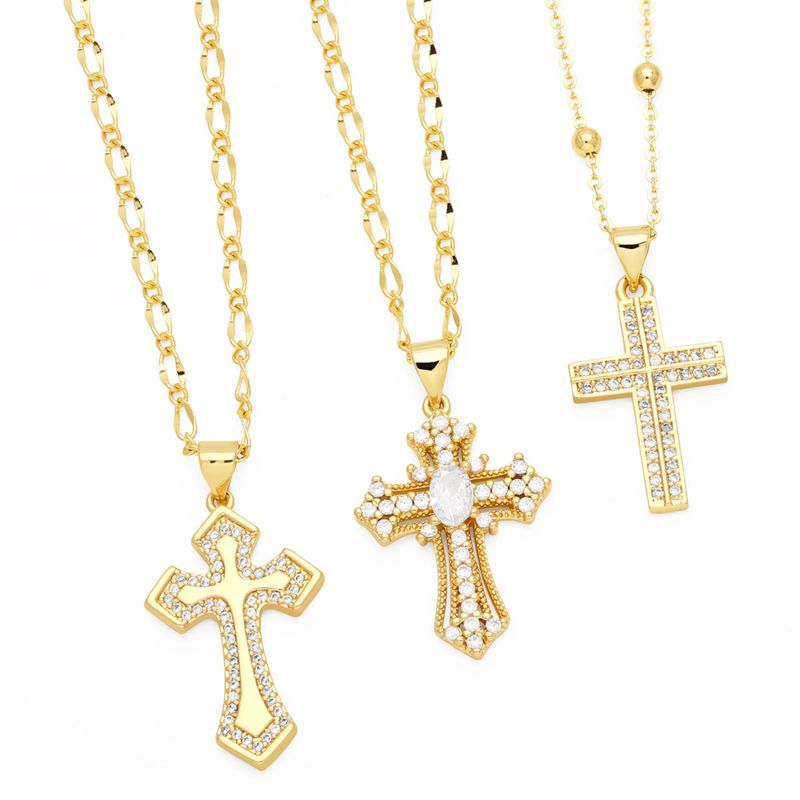 Ig Style Simple Style Cross Copper Plating Inlay Zircon 18k Gold Plated Pendant Necklace