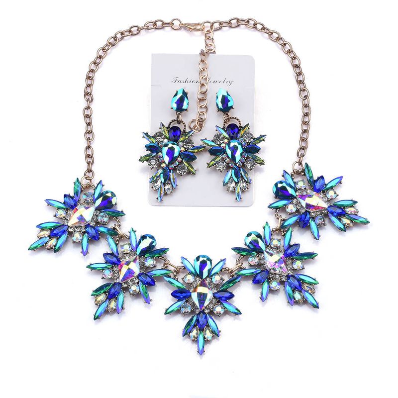 Exaggerated Flower Alloy Inlay Rhinestones Women's Earrings Necklace