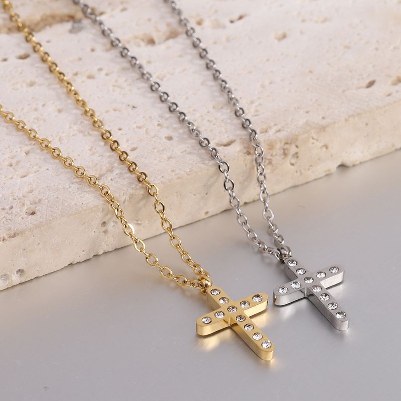 Punk Cool Style Cross Stainless Steel Titanium Steel Inlay Artificial Diamond Pendant Necklace