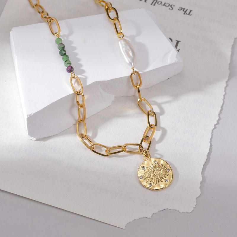 304 Stainless Steel 18K Gold Plated IG Style Casual Beaded Plating Inlay Eye Artificial Pearls Natural Stone Pendant Necklace