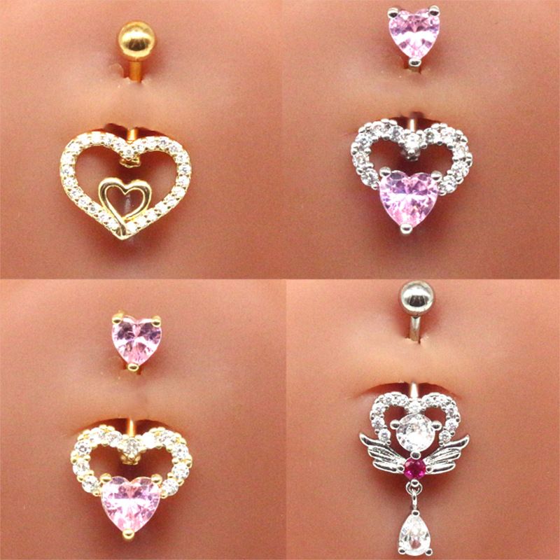 Streetwear Shiny Heart Shape Stainless Steel Alloy Copper Inlay Zircon White Gold Plated Gold Plated Belly Ring