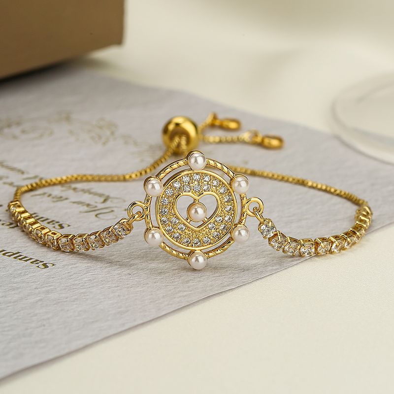 Simple Style Commute Heart Shape Copper 18k Gold Plated Artificial Pearls Zircon Bracelets In Bulk