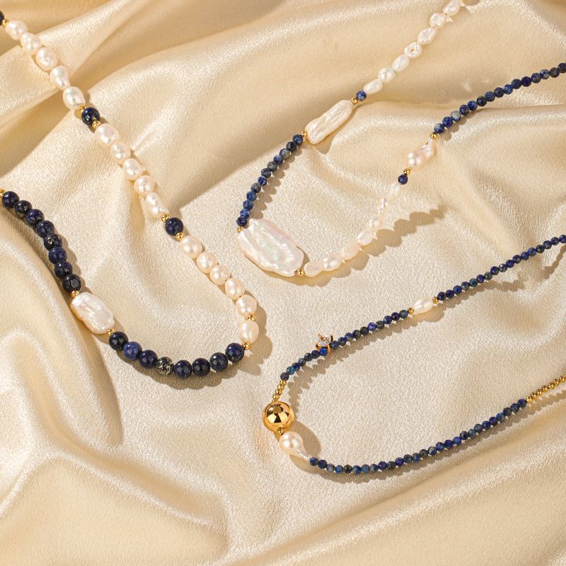 Elegant Classical Commute Color Block Freshwater Pearl Copper Lapis Lazuli Beaded Patchwork Plating 18k Gold Plated Necklace
