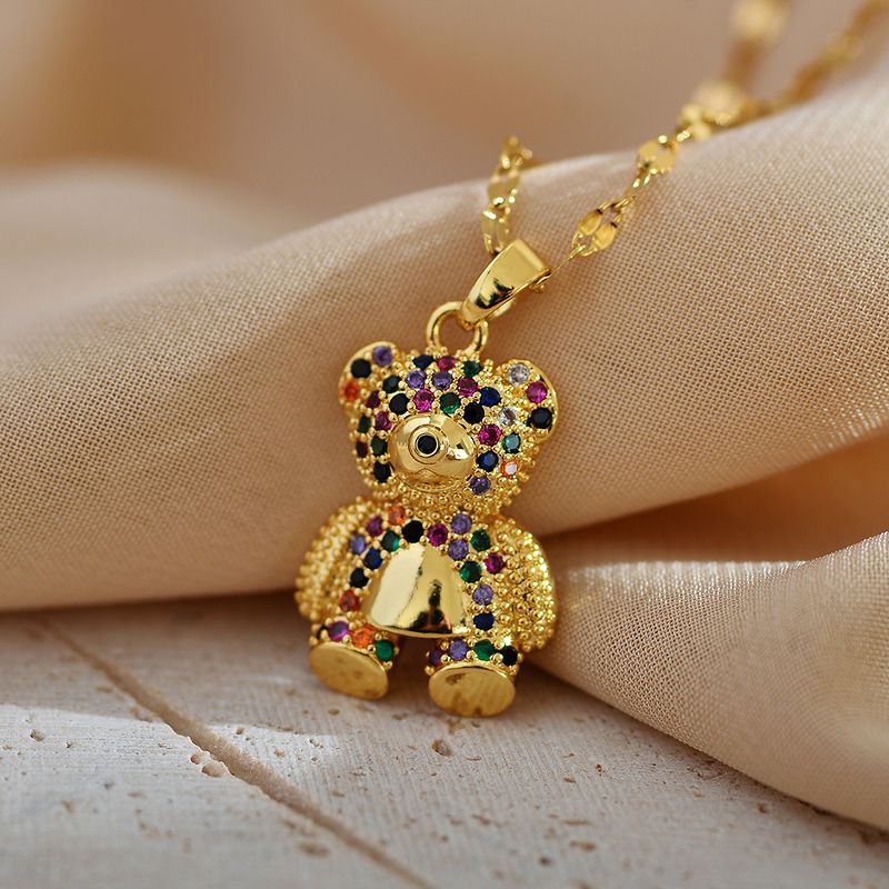 Cute Simple Style Bear Titanium Steel Copper Plating Inlay Zircon Gold Plated Pendant Necklace