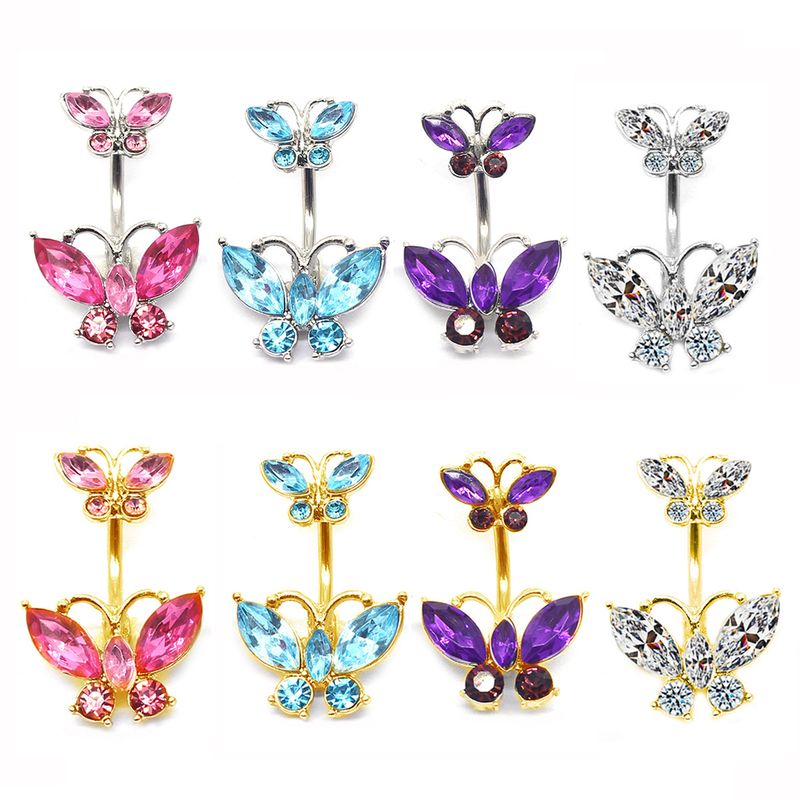 Glam Retro Butterfly Stainless Steel Alloy Plating Inlay Zircon White Gold Plated Gold Plated Silver Plated Belly Ring