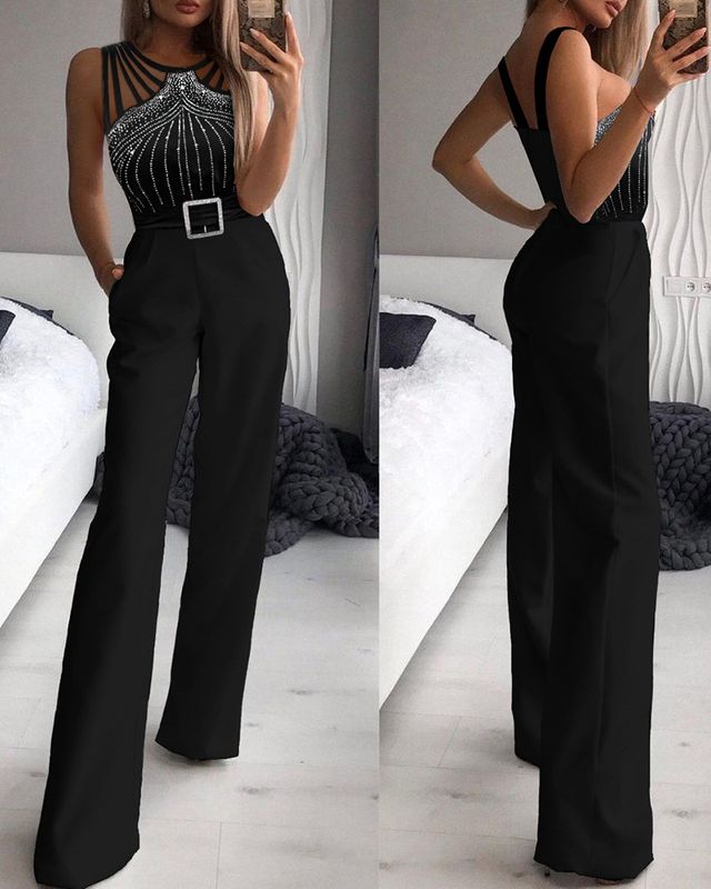 Women's Party Street Sexy Solid Color Full Length Diamond Jumpsuits