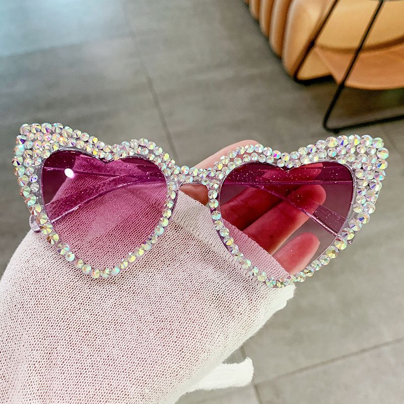 Sweet Simple Style Heart Shape Ac Special-shaped Mirror Inlaid Zircon Full Frame Women's Sunglasses