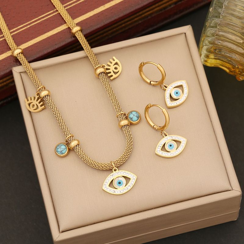 Stainless Steel 18K Gold Plated Retro Bohemian Plating Inlay Eye Artificial Diamond Turquoise Bracelets Earrings Necklace