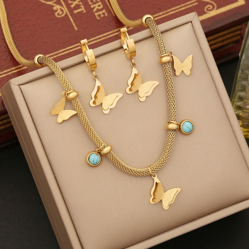 Stainless Steel 18K Gold Plated Bohemian Simple Style Plating Hollow Out Inlay Animal Butterfly Turquoise Bracelets Earrings Necklace