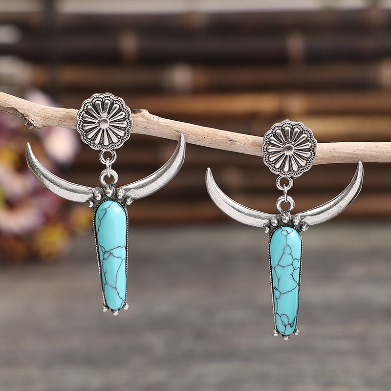 1 Pair Ethnic Style Cattle Plating Inlay Alloy Turquoise Drop Earrings