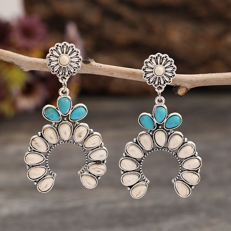 1 Pair Ethnic Style Water Droplets Flower Inlay Alloy Turquoise Drop Earrings