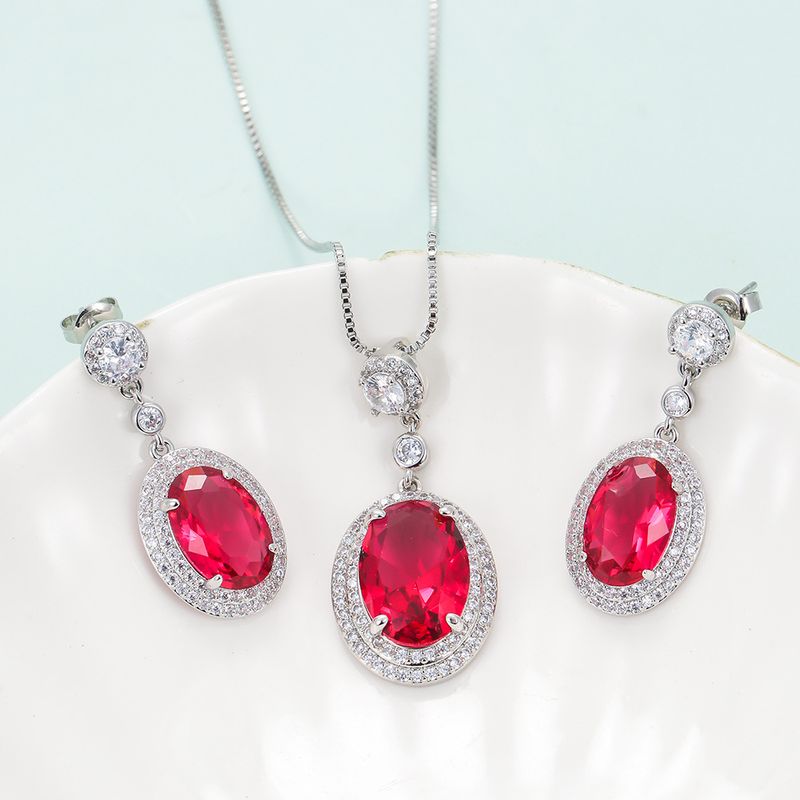 Elegant Lady Oval Copper Plating Inlay Zircon Earrings Necklace