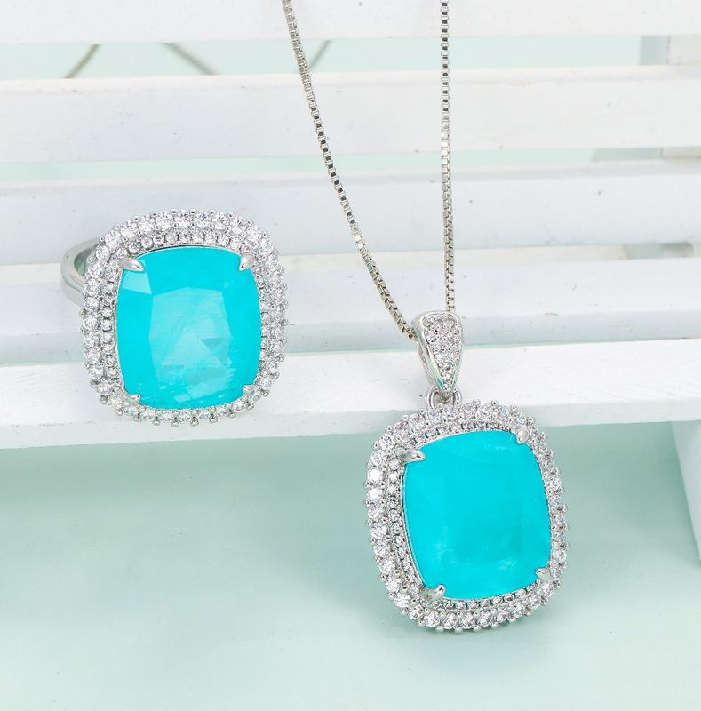 Ig Style Elegant Lady Square Copper Plating Inlay Artificial Gemstones Rings Necklace