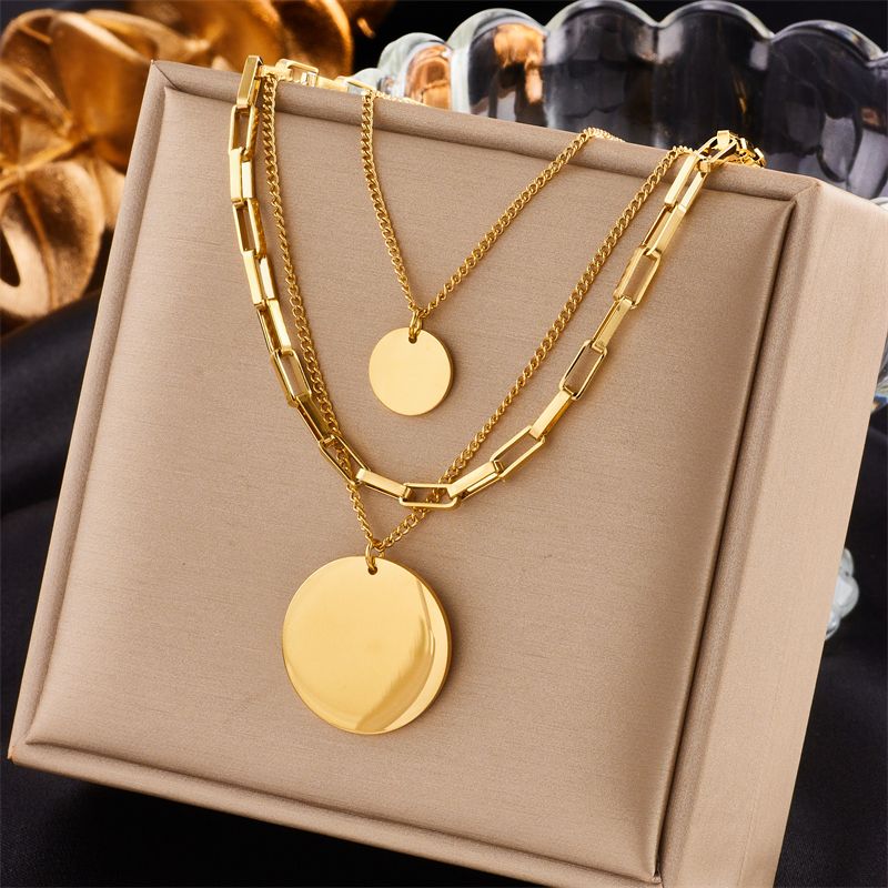 Stainless Steel 18K Gold Plated Retro Punk Layered Plating Round No Inlaid Layered Necklaces