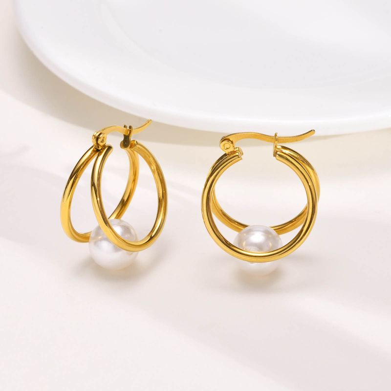 1 Pair Elegant French Style Circle Plating Inlay 304 Stainless Steel Pearl Earrings