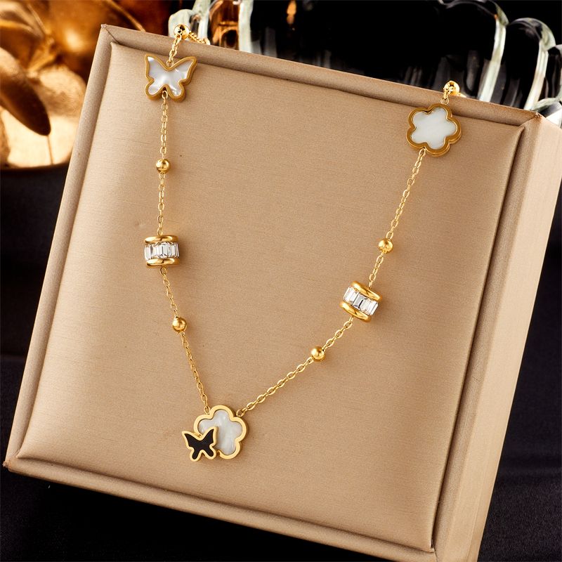 Stainless Steel 18K Gold Plated Vintage Style Plating Inlay Flower Butterfly Rhinestones Necklace
