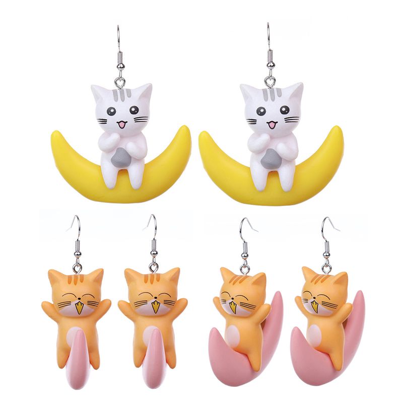 Cartoon Style Cute Moon Cat Pvc Drop Earrings