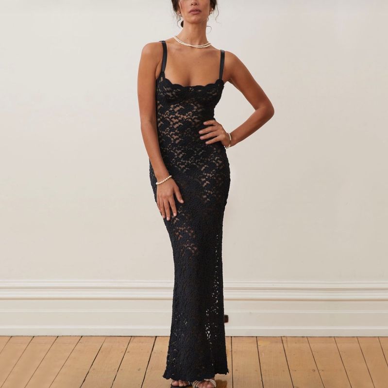 Women's Strap Dress Elegant Strapless Slit Lace Sleeveless Solid Color Flower Maxi Long Dress Cocktail Party