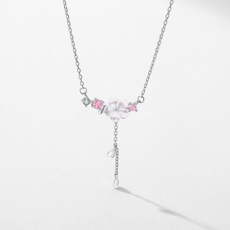 Elegant Simple Style Flower Sterling Silver Plating Three-dimensional Inlay Shell Zircon Rhodium Plated Pendant Necklace