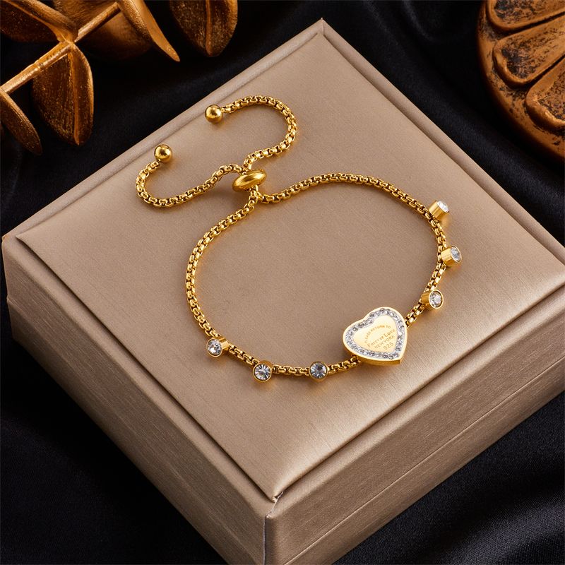 Casual Vintage Style Letter Heart Shape Stainless Steel 18K Gold Plated Rhinestones Bracelets In Bulk