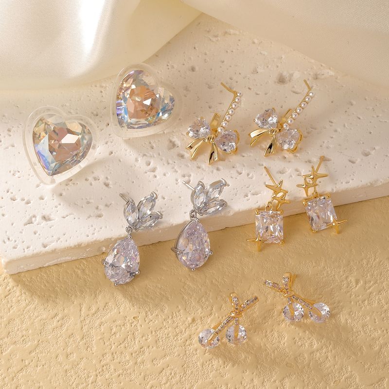 1 Pair Casual Simple Style Shiny Heart Shape Bow Knot Inlay Copper Zircon K Gold Plated Rhodium Plated Drop Earrings Ear Studs