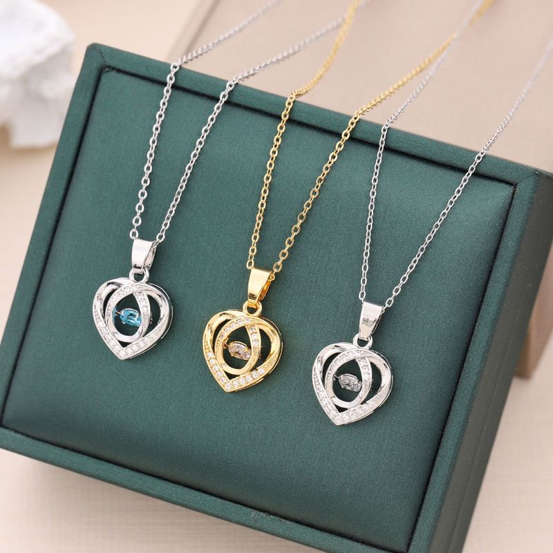 Simple Style Heart Shape Titanium Steel Inlay Rhinestones Pendant Necklace