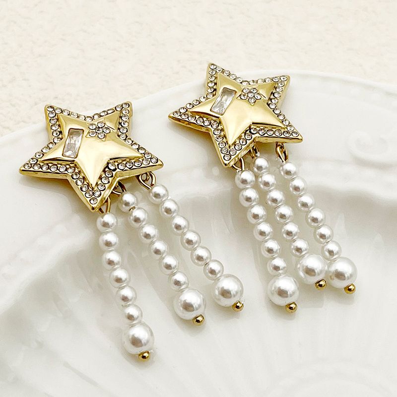 1 Pair Cute Star Plating Inlay 304 Stainless Steel Pearl Zircon 14K Gold Plated Drop Earrings