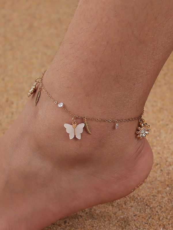 Elegant Beach Modern Style Chrysanthemum Butterfly Alloy Inlay Artificial Rhinestones Women's Anklet