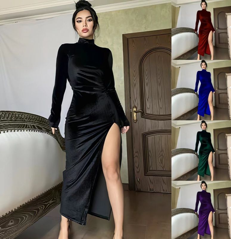 Women's Slit Dress Elegant Sexy Turtleneck Long Sleeve Solid Color Maxi Long Dress Banquet